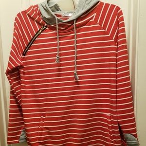 Red and White Stripe Double Hoodie